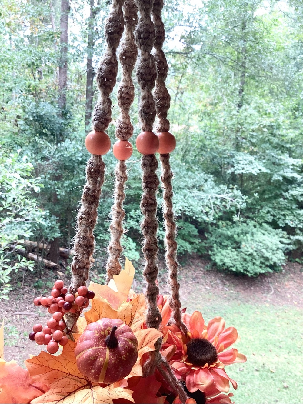 Plant Hanger Macrame Hand Crafted Jute Cord Peach Orange Wooden Beads